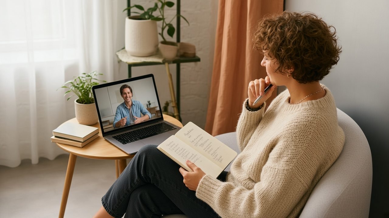 Frau übt am Nachmittag per Videogespräch mit einer Sprachtutorin, Notizbuch auf dem Schoß